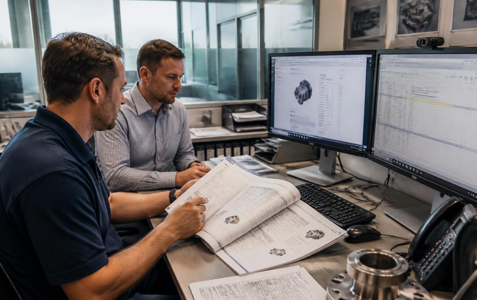 Procurement specialists reviewing technical datasheets and order schedules